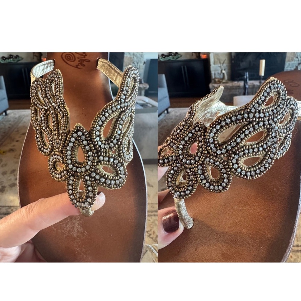 Naughty MonkeyTwisty Gold Crystal Beaded sandals Thong Flats 9.5 EUC with Box - Picture 4 of 8